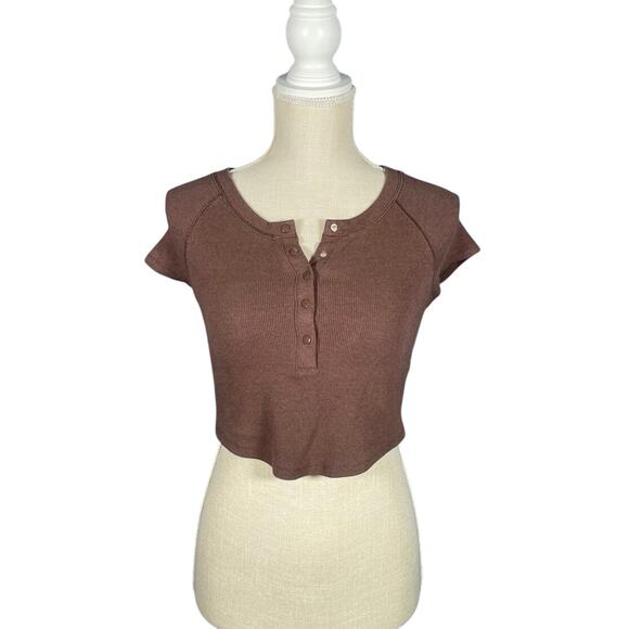 Garage Tee Womens Medium Brown Snap Ribbed Crew Neck Summer Casual Basic - Picture 1 of 5